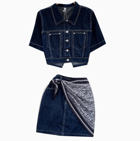 Casual Denim Shirt & A-line Skirt 2Pcs