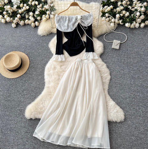 Off-shoulder Top & Mesh Skirt 2Pcs