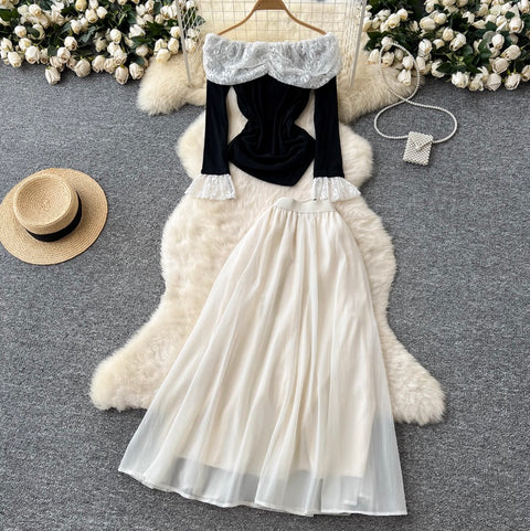 Off-shoulder Top & Mesh Skirt 2Pcs