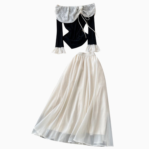 Off-shoulder Top & Mesh Skirt 2Pcs