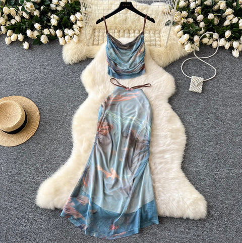 Pleated Vest & Slim Skirt Printed 2Pcs