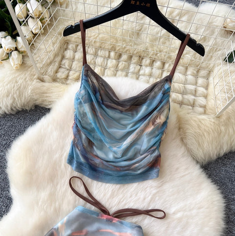 Pleated Vest & Slim Skirt Printed 2Pcs