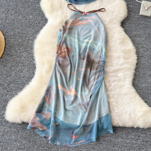 Pleated Vest & Slim Skirt Printed 2Pcs