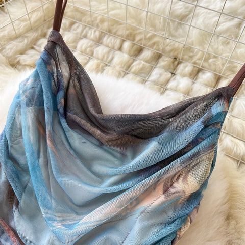 Pleated Vest & Slim Skirt Printed 2Pcs