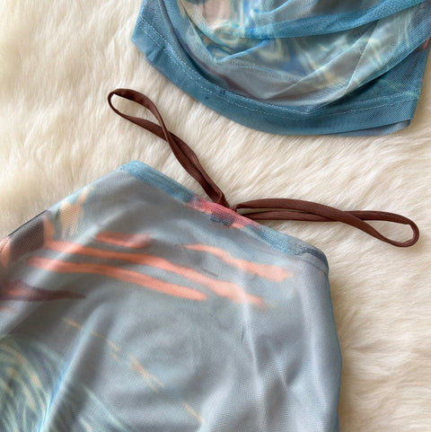 Pleated Vest & Slim Skirt Printed 2Pcs