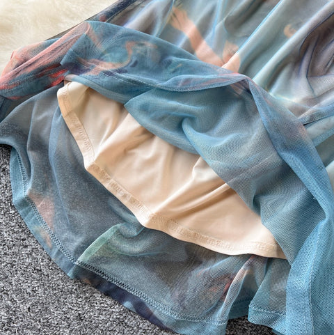 Pleated Vest & Slim Skirt Printed 2Pcs