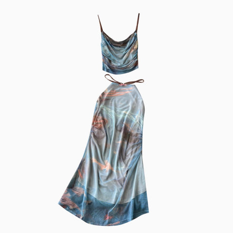 Pleated Vest & Slim Skirt Printed 2Pcs