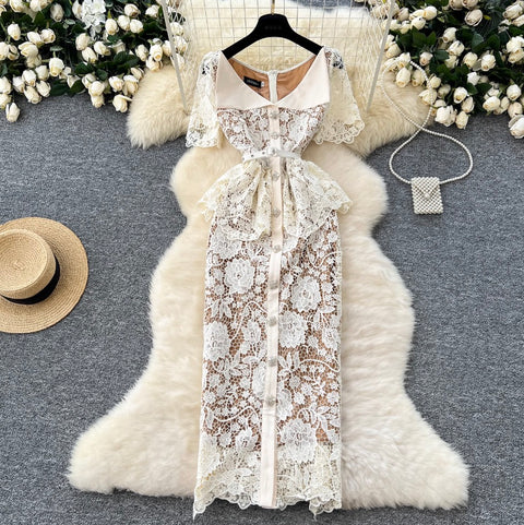 Rhinestone Studded Embroidered Lace Dress