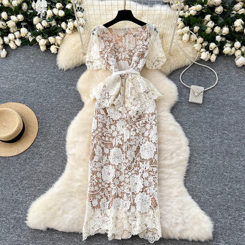 Rhinestone Studded Embroidered Lace Dress