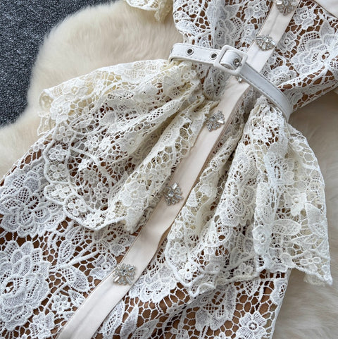 Rhinestone Studded Embroidered Lace Dress