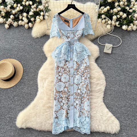 Rhinestone Studded Embroidered Lace Dress