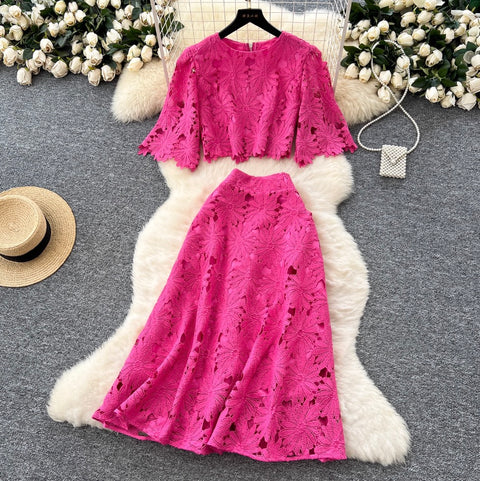 Hollowed Lace Top & Skirt 2Pcs