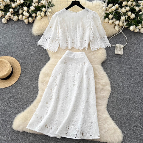 Hollowed Lace Top & Skirt 2Pcs