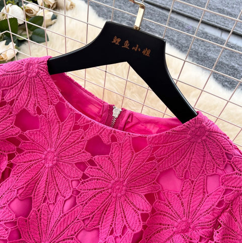 Hollowed Lace Top & Skirt 2Pcs