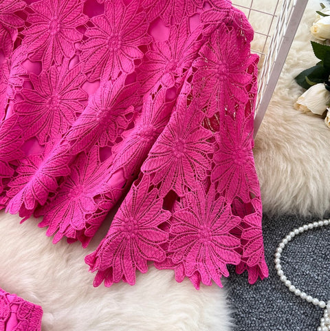 Hollowed Lace Top & Skirt 2Pcs