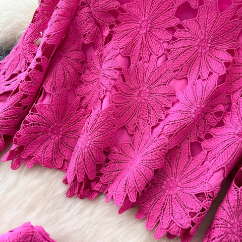 Hollowed Lace Top & Skirt 2Pcs