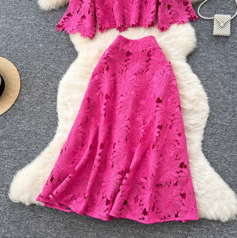 Hollowed Lace Top & Skirt 2Pcs