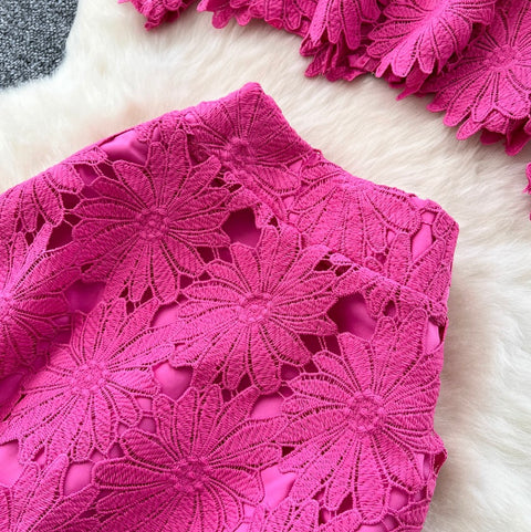 Hollowed Lace Top & Skirt 2Pcs