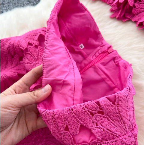 Hollowed Lace Top & Skirt 2Pcs