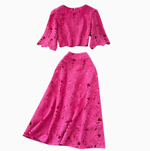 Hollowed Lace Top & Skirt 2Pcs