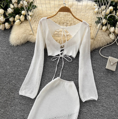 Hollowed Shawl & Trousers Knitted 2Pcs