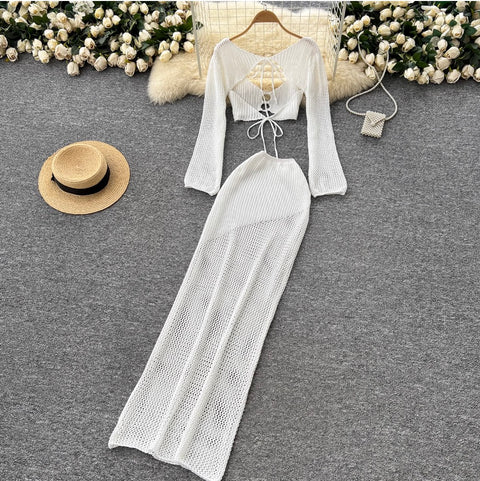 Hollowed Shawl & Trousers Knitted 2Pcs