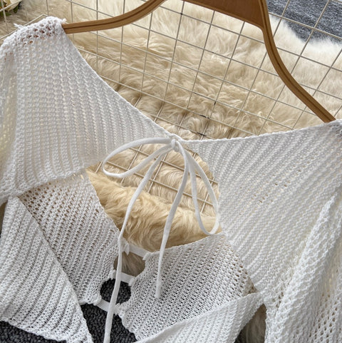 Hollowed Shawl & Trousers Knitted 2Pcs