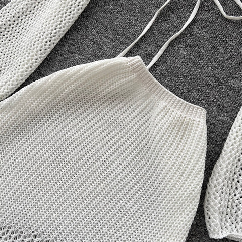 Hollowed Shawl & Trousers Knitted 2Pcs