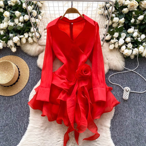 V-neck 3D Ruffled Shirt Dress