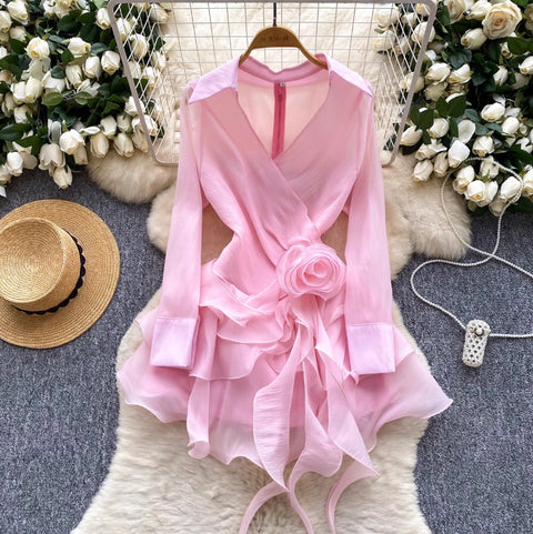 V-neck 3D Ruffled Shirt Dress