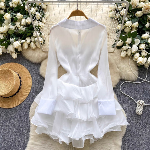 V-neck 3D Ruffled Shirt Dress