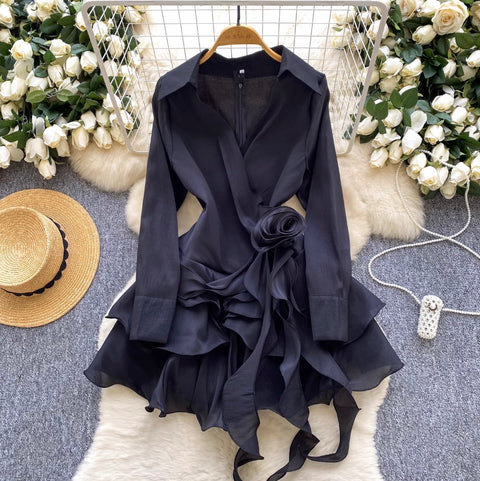 V-neck 3D Ruffled Shirt Dress