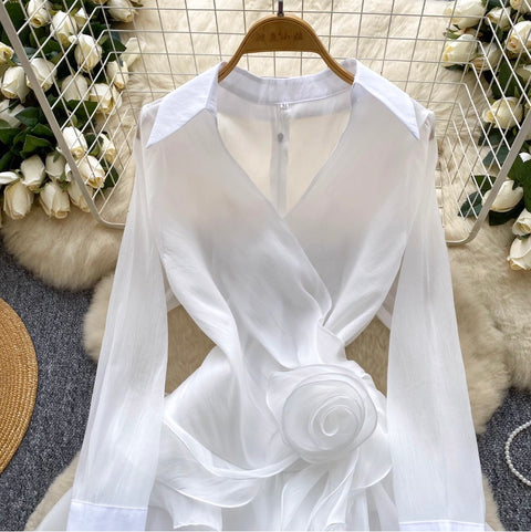 V-neck 3D Ruffled Shirt Dress