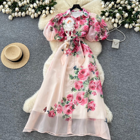 Puffy Sleeve Floral Printed Shirt Dress