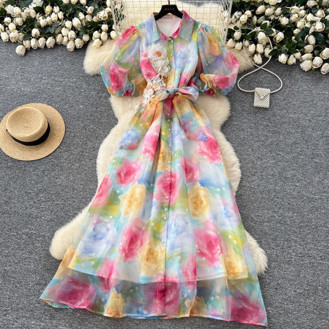 Puffy Sleeve Floral Printed Shirt Dress