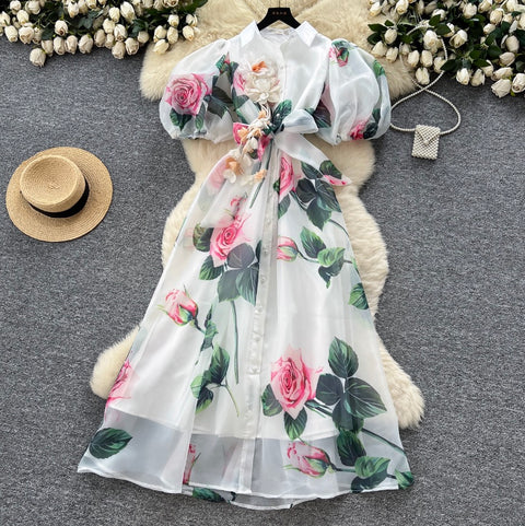 Puffy Sleeve Floral Printed Shirt Dress