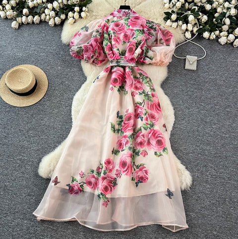 Puffy Sleeve Floral Printed Shirt Dress