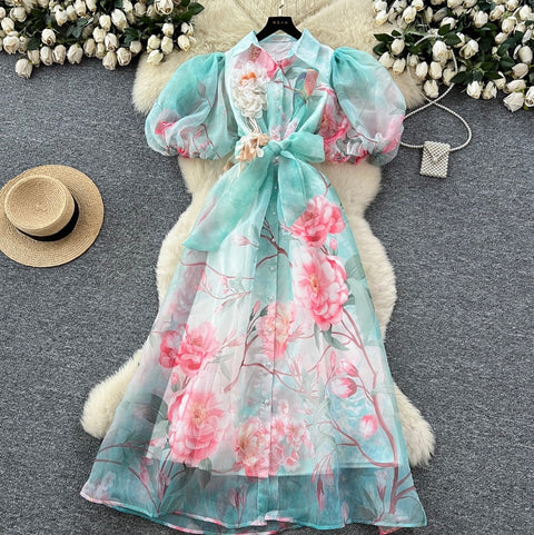 Puffy Sleeve Floral Printed Shirt Dress