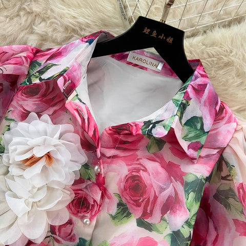 Puffy Sleeve Floral Printed Shirt Dress