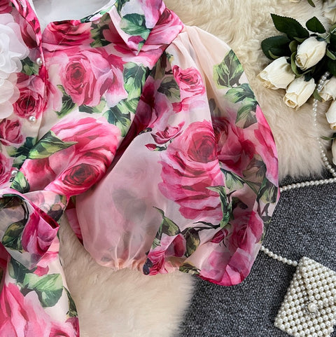 Puffy Sleeve Floral Printed Shirt Dress