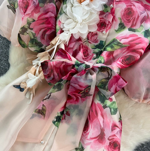 Puffy Sleeve Floral Printed Shirt Dress