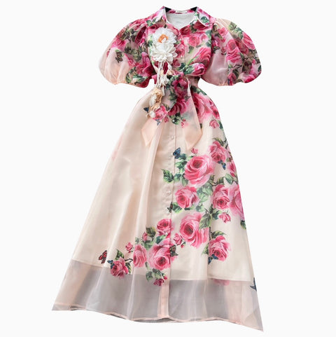Puffy Sleeve Floral Printed Shirt Dress