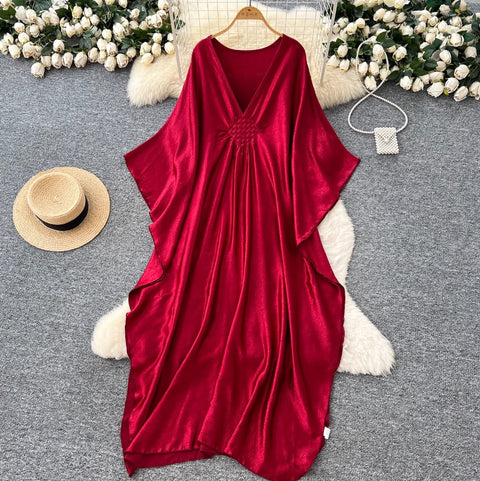 V-neck Bat Sleeve Oversized Dress