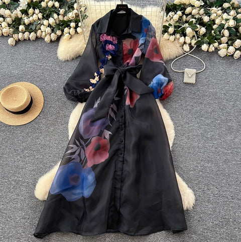 Elegant Printed Lace-up Shirt Dress