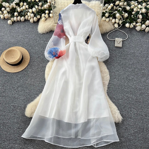 Elegant Printed Lace-up Shirt Dress