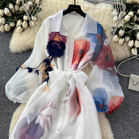 Elegant Printed Lace-up Shirt Dress