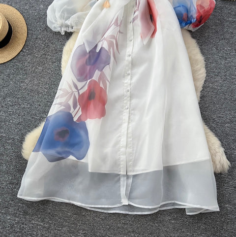 Elegant Printed Lace-up Shirt Dress