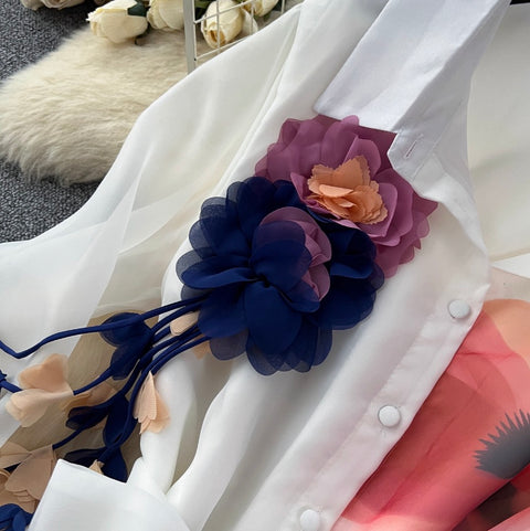 Elegant Printed Lace-up Shirt Dress