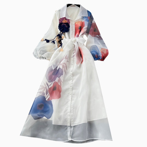 Elegant Printed Lace-up Shirt Dress