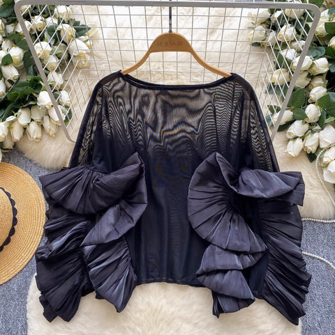 Irregular Design Ruffled Thin Mesh Top